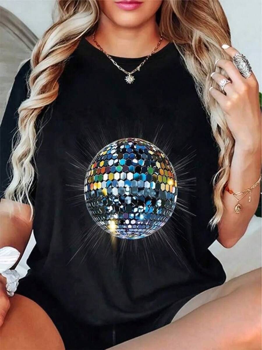 Disco Ball Vintage Retro House Discoball Cool Party T-Shirt Round Neck Short Sleeve T-Shirt Women's Men Graphic Tee,Summer Women's Clothing - 黑色 - 查看 1