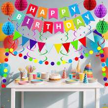 1pc Happy Birthday Banner With Colorful Paper Flag Bunting Paper Circle Confetti Garland Swirl Streamers Honeycomb Ball For Birthday Party Decorations - Colorful Honeycomb Banner Set - View 2
