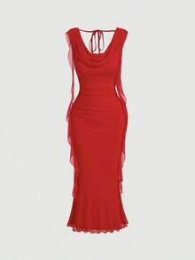 Vestido midi para mujer con escote profundo, cinturón y panel de malla, color rojo - Rojo - Ver 1