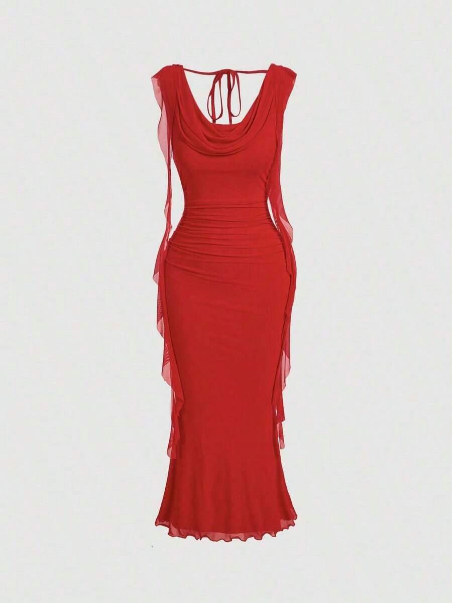 Vestido midi para mujer con escote profundo, cinturón y panel de malla, color rojo - Rojo - Ver 1