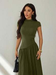 Vestido casual largo plisado de manga abullonada y cuello alto en unicolor para mujer, de verano - Verde militar - Ver 5