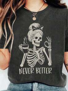 Fashionable Plus Size Women's T-Shirt With Coffee Skull Letter Slogan, Round Neck And Short Sleeve. - 深灰色 2 - 查看 1