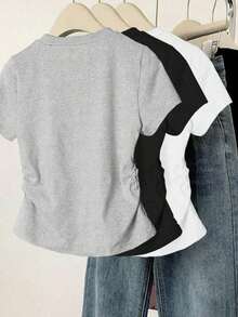Set de 3 camisetas de mujer de manga corta, cuello redondo, unicolor, con detalle de volantes y estampado de mariposa, de estilo casual y slim para el verano - Multicolor 2 - Ver 2