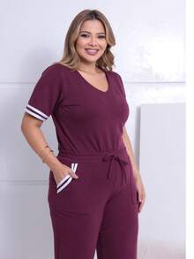 Women's Striped Set - Pants And Top In Lightweight Fleece With White Details - Comfortable Style - Burgundy - View 2