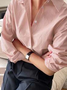 Camisa holgada de mujer de unicolor, de manga larga y de abotonadura sencilla - Rosa vieja - Ver 4