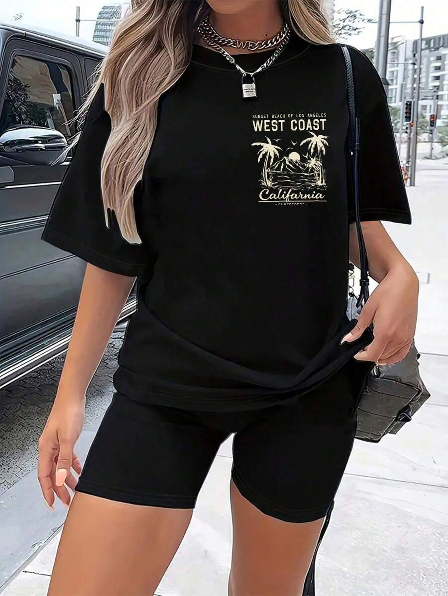1 Piece 180g Women's Cotton Shirt, Oversized Short Sleeve Round Neck With Print For Daily And Street Wear, Designed By Y2K Artists In The Bababask Style - 黑色 - 查看 1