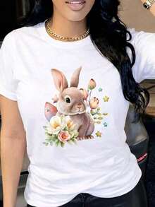 Soft  Playera con diseño de conejo color café con flores, estampado, tierno, colorido, moderno, cuello redondo, manga corta, ideal para todos los días, llamativa, holgada, a la moda, ideal para tí.patrón patrón - Blanco - Ver 7