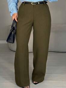Women's Wide Leg Tailored Trousers With High Waist, Simple Zipper, Pockets, Sizes PP To GG, Office, Formal Evening And Night Wear, Modern Winter, Premium Textured Fabric - 卡其色 - 查看 2