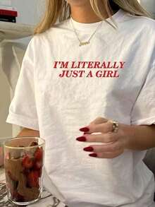Free LazyNueva camiseta de cuello redondo para mujer, manga corta, holgada, casual y versátil con ‌ estampado de letras ‌ , tejido suave y de buena caídaHolidayNigh - Blanco - Ver 1
