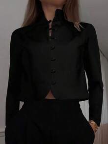 Blusa corta de manga larga con cuello mao y botones, elegante blusa delgada de unicolor, estilo chino moderno para mujer - Negro - Ver 7