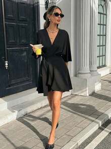 Vestido mini envolvente de unicolor con cuello en V para mujer - Negro - Ver 5