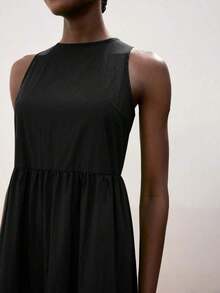 Vestido casual de vacaciones con diseño de volantes escalonados en verde jade, vestido cómodo con cuello redondo, división horizontal, parches y fruncidos, atuendo bohemio de playa, elegante vestido de estilo occidental para vacaciones de muje - Negro - Ver 8