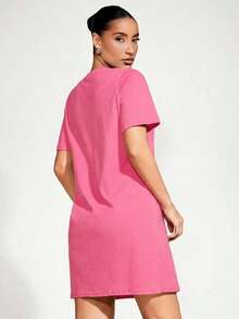 Vestido corto de mujer de unicolor para uso casual, diario y de fiesta - Rosa Fucsia - Ver 8