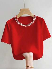 Camiseta de manga corta con cuello redondo ajustado, con cuentas y acanalada, elegante para mujeres - Rojo - Ver 3