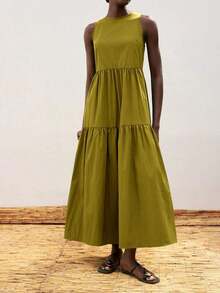 Vestido casual de vacaciones con diseño de volantes escalonados en verde jade, vestido cómodo con cuello redondo, división horizontal, parches y fruncidos, atuendo bohemio de playa, elegante vestido de estilo occidental para vacaciones de muje - Verde - Ver 6