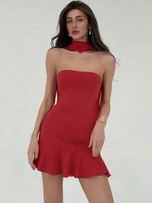 Vestido mini ajustado rojo de estilo romántico para el Día de San Valentín para mujeres - Rojo - Ver 5