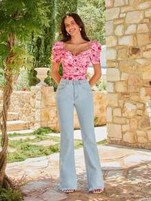 Camiseta de ajuste ceñido con mangas obispo y estampado floral elegante, de verano - Rosa - Ver 3