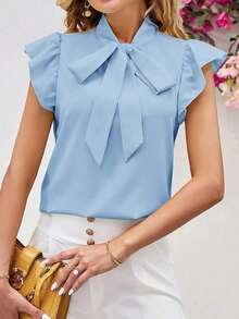 Blusa con lazo elegante para mujer, versátil para el trabajo y el uso casual, verano - Celeste - Ver 7