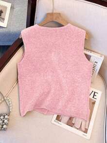 1 pieza Chaleco de punto de mujer minimalista de unicolor con botón de metal suave, parte superior casual versátil, suéter de moda de cuello redondo - Rosa Pálido - Ver 2