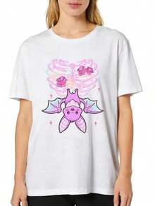 Camiseta de talla grande con estampado gráfico de esqueleto de murciélago y floral en estilo Kawaii Pastel Goth, cuello redondo, manga corta, camiseta casual de moda, uste cómodo, lavable a máquinarrimavera y verano, ropa de mujer - Blanco - Ver 2
