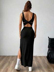 maxi informal sin mangas con abertura lateral, atuendo de mujer - Negro - Ver 2