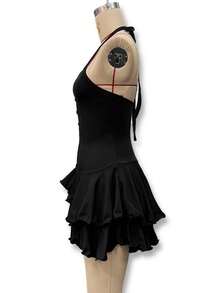 Vestido corto elegante mujer manga campana halter espalda descubierta ajustado con botones estilo europeo nueva moda - Negro - Ver 7