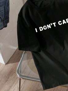 Solt 1pscWomen's 100% Cotton Loose Fit Printed T-ShirtWomen's 100% Cotton Loose Fit Printed T-ShirtPlayera gráfica casual juveniCamiseta ajustada de manga corta con cuello redondo y eslogan casual "No me importa", adecuada para el verano y uso casualcamisas de mujer blusa100%cotton graphic - Negro - Ver 2