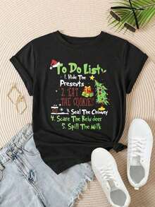 Women's Casual Short Sleeve T-Shirt - Round Neck, "To Do List Hide Presents Eat Cookies Seal Chimney Scare Reindeer Spill Milk" Print, Summer Top, Machine Washable, Women's T-Shirts, Casual Wear, Modern Style, Comfortable Fit

-White - 黑色 - 查看 2