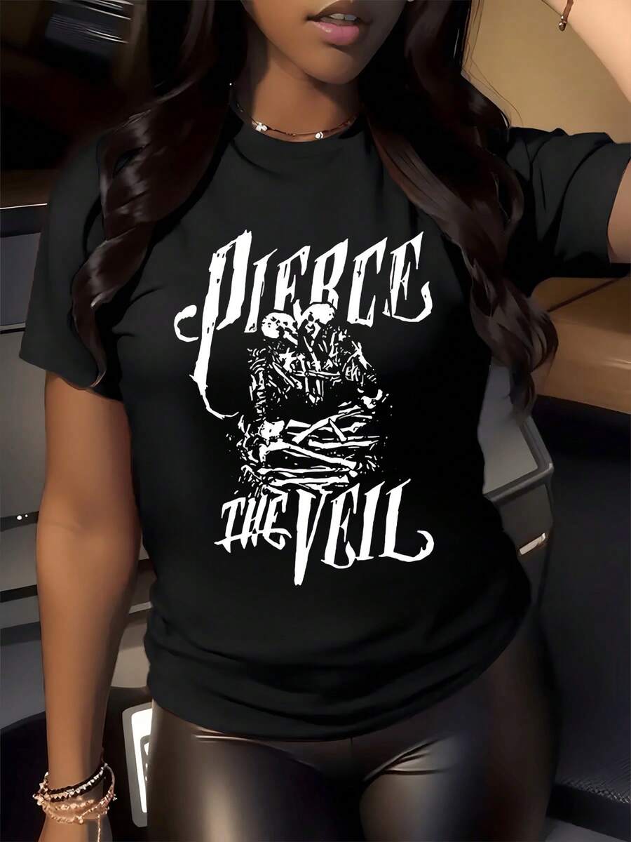 Dos calaveras entrelazadas simbolizando amor eterno y fuerza rebelde con letras artísticas góticas que evocan energía intensa y espíritu libre camiseta de mujer casual moderna cómoda para uso diario - Negro - Ver 1