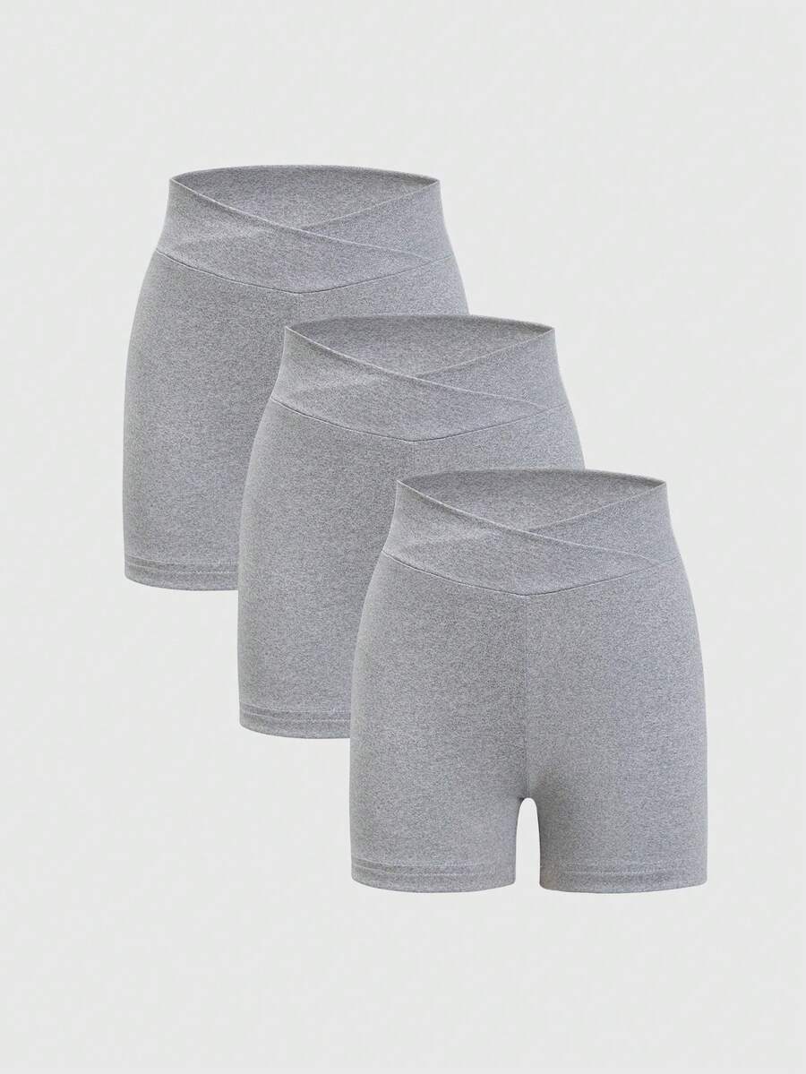 3 piezas Pantalones cortos deportivos casuales de punto de unicolor para niñas (YY783) - Gris - Ver 1