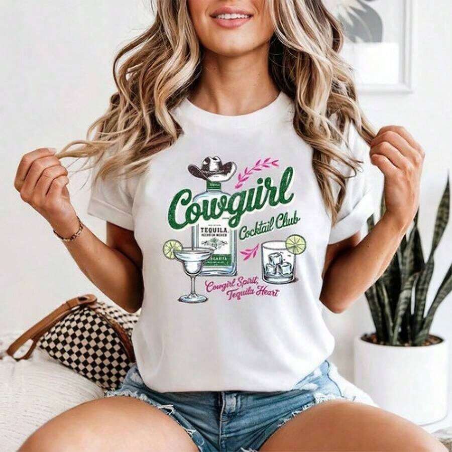 1 Piece Women's Cowgirl Cocktail Club Tequila Western Style T-Shirt, Fashionable Casual T-Shirt, Unisex Style, Party T-Shirt, Sizes S-4XL, 100% Cotton 180g, 100% Cotton, All Designs Are Printed. Unisex. - 白色 - 查看 1