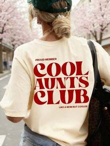 Camiseta Gráfica Holgada para Mujer "Cool Aunt Club", Top Casual de Manga Corta, Adecuada para Reuniones Familiares, Brunch con Amigos y Ropa Urbana Diaria de Verano, 100% Algodón - Albaricoque 2 - Ver 6