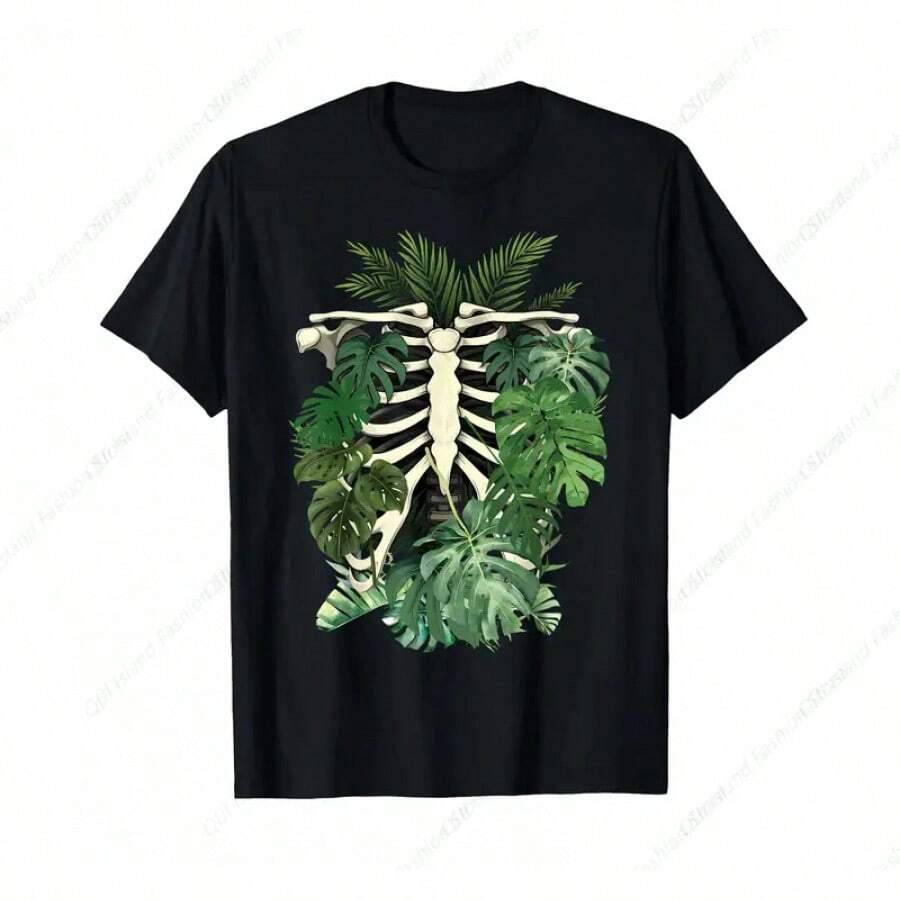 Playeras de hombre ropa de hombre camiseta jardineria estampado planta esqueleto hoja monstera nacional envio - Negro - Ver 1