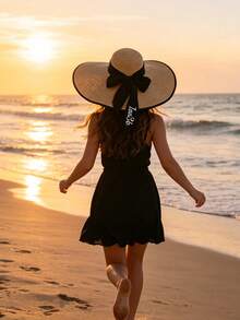 Customized Large Brim Straw Hat, Can Add Text, Name, Or Phrase Heat-Pressed On Detachable Bow, 2-Way Wear, Fashion Accessory Suitable For Street, Beach, Camping, Travel, Sightseeing, Personalized Summer Sun Hat, Great Gift For Mom Or Girlfriend - Multicolor - View 5