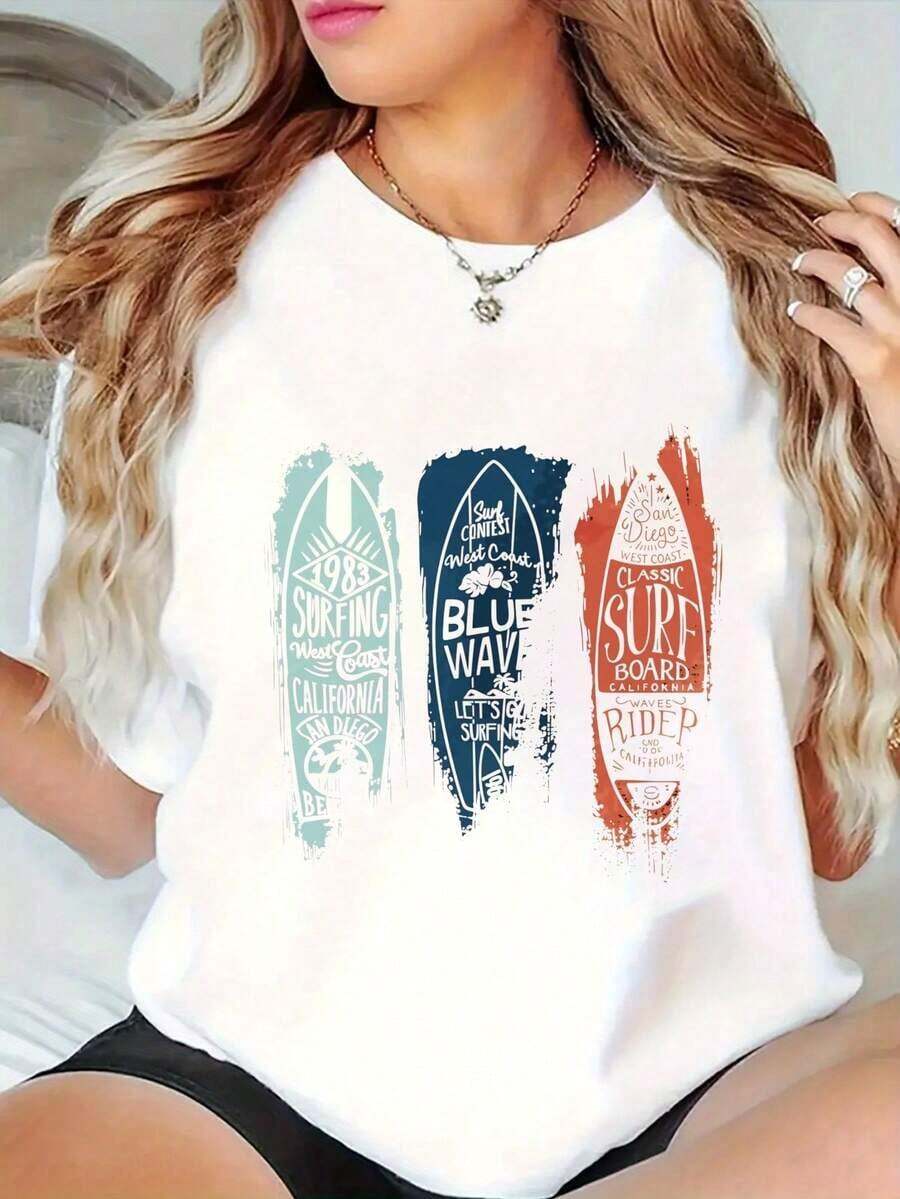Playera minimalista moderna de algodón para mujer, manga corta, opciones en blanco, transpirable, corte holgado, cuello redondo, diseño clásico de ola azul para surf, camisetas gráficas de gran tamaño, diseño exquisito, estilo casual y moderno, camisetas de verano, adecuadas para uso diario informal, entrenamientos en casa, actividades al aire libre, vacaciones en la playa, ideal para regalar ropa de mujer. - Blanco - Ver 1