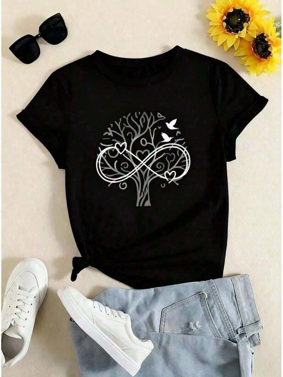 Camiseta de mujer moderna, informal, para fiestas y para estar en casa, 100% algodón, corte holgado. 1pscCamiseta deportiva casual para mujeres con elegante arte de corazones en infinito en forma de árbol - Camiseta de cuello redondo elástico, lavable aáquina, para todas las estaciones, camisetas para mujeres, ropa casual, tela opaca,100%cotton - Negro - Ver 1