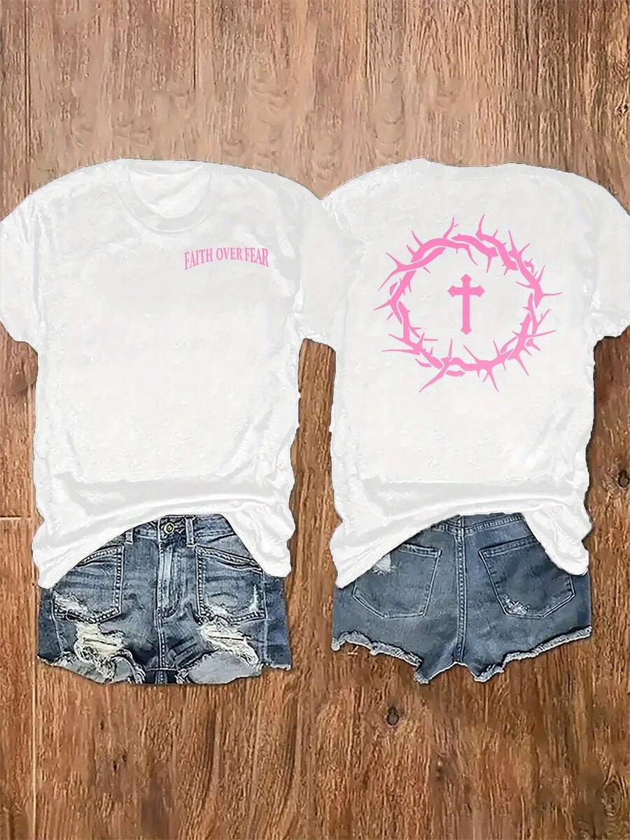 Pink Thorns Cross & Verse Tee Summer T-Shirts - 100% Faith Women's T-Shirt: Casual Short Sleeve Soft Scoop Neck Religious Top For Church, Prayer, Casual Wear, Cotton T-Shirt, Women - White - View 1