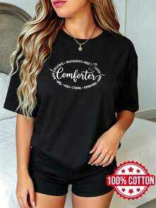 Camiseta negra de manga corta con cuello redondo y estampado para mujer de verano Consuelo Confianza Digna de Confiar Aquí Alegría Esperanza Necesidad - Negro - Ver 2
