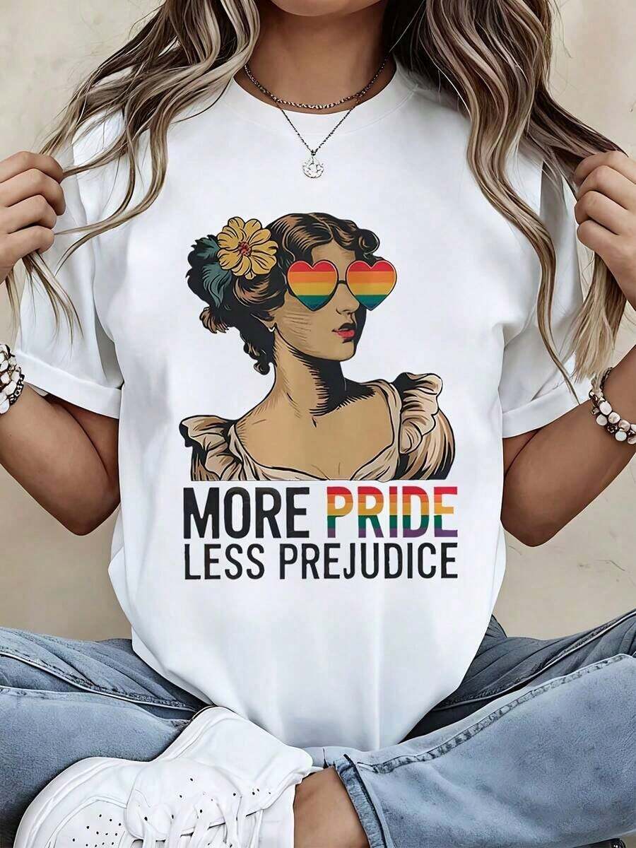 Women's Minimalist Modern T-Shirt With Vintage Graphic Print Of Rainbow Heart And Sunglasses, Text 'More Pride Less Prejudice', For Casual Wear, Pride Month Celebration, LGBTQ Support Statement, Everyday Casual Style - 白色 - 查看 1