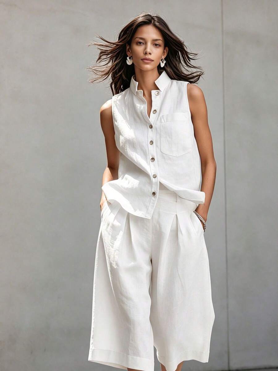 New 2026 Two Piece European Style Set Sleeveless Vest Cotton Linen - White - View 1