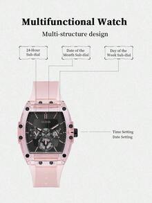 Guess Unisex Tonneau Skeleton Watch Pink Transparent Case Black Multifunctional Dial Silicone Strap Y2K Fashion Timepiece For Couple Matching Outfit Music Festival Night Out Streetwear Ideal Gift For Him Her BFF Birthday Anniversary Holiday - 粉色 - 查看 8