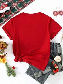 Colorful Christmas Print T-Shirt, Perfect For This Season, Modern, Loose Fit, Round Neck, Short Sleeves, Ideal For Seasonal Parties And Everyday Wear, Perfect For The Whole Family - 紅色的 - 查看 2
