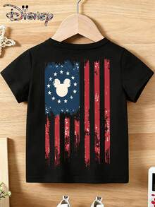 Disney Authorization - Summer Round Neck Short Sleeved Clothing For Teenagers And Boys - Star Spangled Banner Mickey Mouse Front And Back - Printed Pattern Design Round Neck T-Shirt, Patterned T-Shirt Pullover, Boys' Clothing, 180g Polyester Soft Fabric, Suitable For Boys To Return To School, Parties, Outdoors, And Travel Wear - Black - View 2