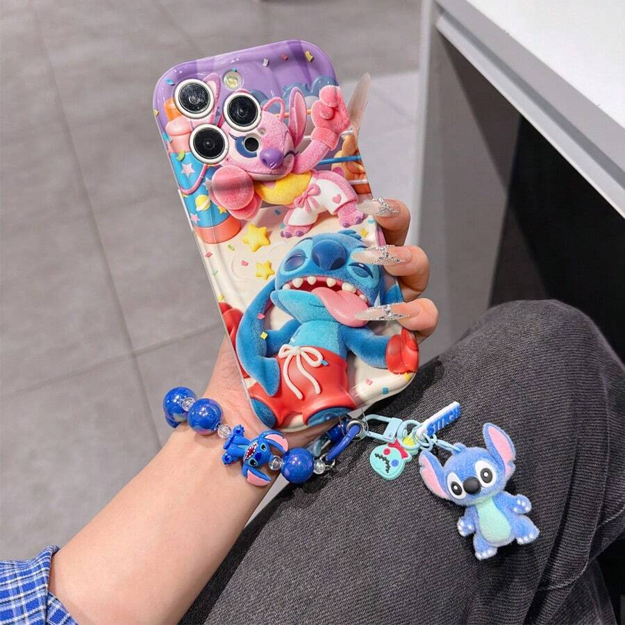 Disney Lilo & Stitch Phone Case With Stitch And Angel Charm And Stitch Lanyard - Cute Stitch And Angel Protective Case With Boxing Match And Party Background Design, Equipped With Delicate Stitch Decorative Lanyard And Beaded Bracelet For Easy Carrying, Compatible With IPhone 17, 16, 15, 14, 13, 12, 11 Pro Series, Ideal For Birthdays, Holidays, Anniversaries, Graduation Gifts, Or Any Special Occasion To Surprise Family, Friends, Classmates, And Loved Ones. - trắng - Xem 1