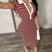 Women's Casual Minimalist Fashion Commuter Style Short Sleeve Black & White Striped Polo Dress, Knit High Stretch Fitted Mid-Length Dress, French Elegant Dress V Neck Striped Dress Striped Bodycon Dress Curve Casual Dress V Neck Dresses Women Bodycon Summer Dress - Rojo - Ver 4