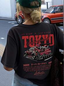 Camiseta Casual Negra para Mujer con Estampado de Coche Subterráneo de Tokio, Manga Corta con Hombros Caídos y Cuello Redondo para Ropa Urbana W1JL - Negro - Ver 3