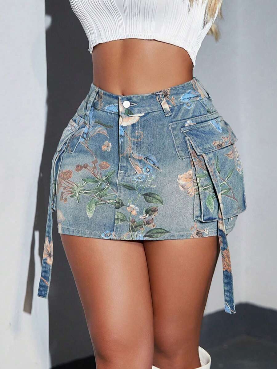 Chân váy ôm sát phong cách đường phố Y2K với túi vá, túi nắp kiểu vintage, chân váy mini denim kaki thoải mái cho nữ mùa hè đi nghỉ mát. - Màu xanh lam - Xem 1