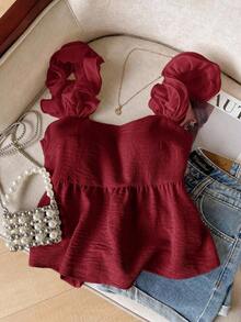 Frenchy Camiseta de tirantes de mujer con volantes de unicolor y parches, con detalle de nudo en la espalda - Rojo - Ver 2