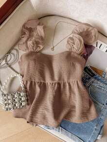 Frenchy Top de camisola elegante sin mangas con volantes en el bajo, de unicolor, para el verano - Caqui - Ver 2