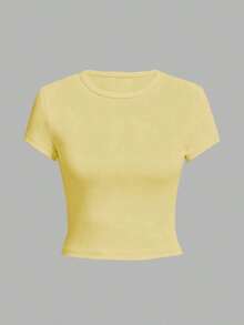 Camiseta de mujer de verano nueva, de corte slim, de cuello redondo y manga corta, top de moda para uso diario y vacaciones. Top de camiseta de mujer. - Amarillo - Ver 5